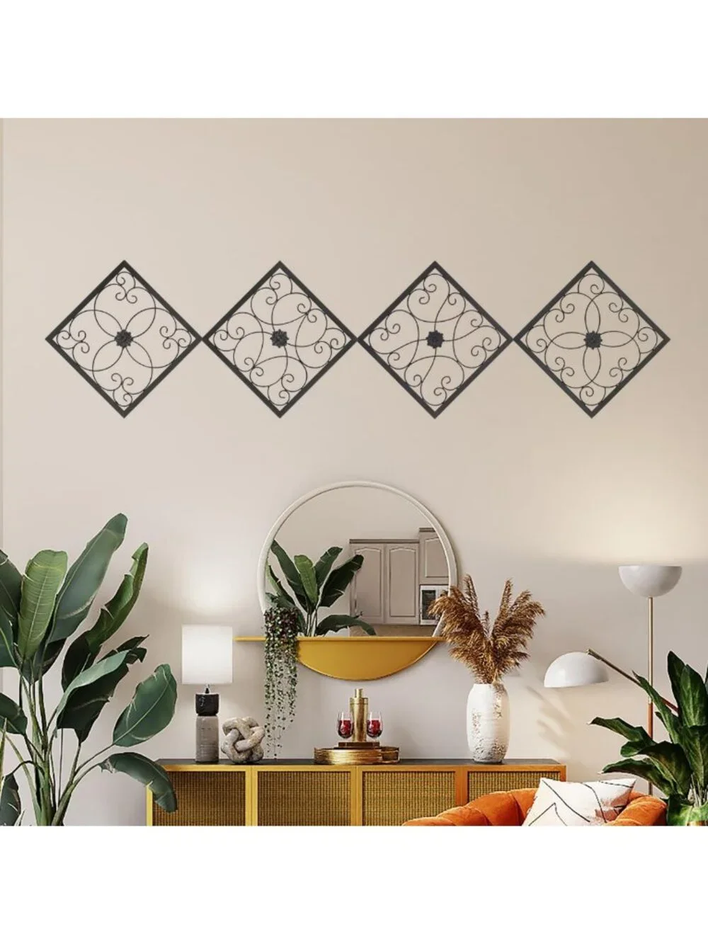 Rustic Farmhouse Metal Wall Decor Set of 4 | Scroll Art Sculpture for Indoor